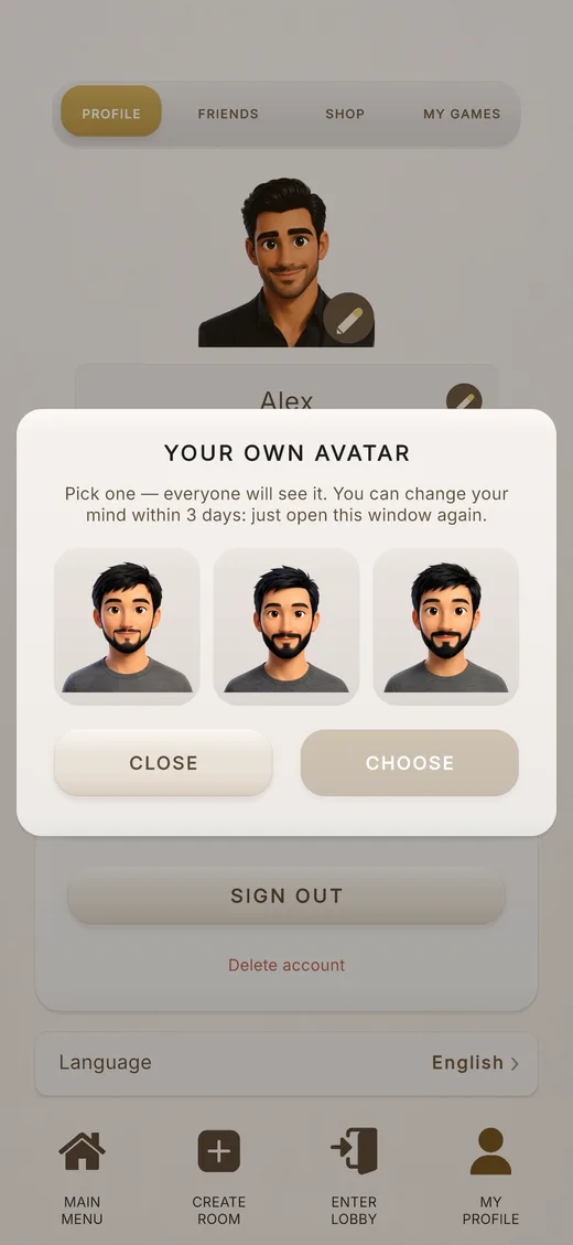 The “Your own avatar” window: three drawn versions to choose from