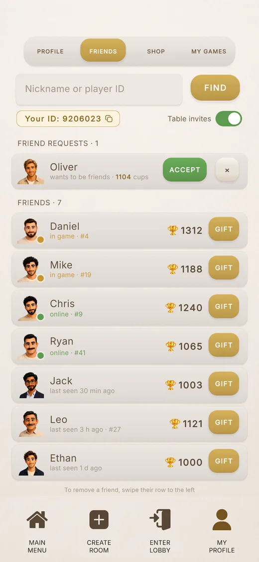 The “Friends” tab: search by nickname or ID, requests and the friend list