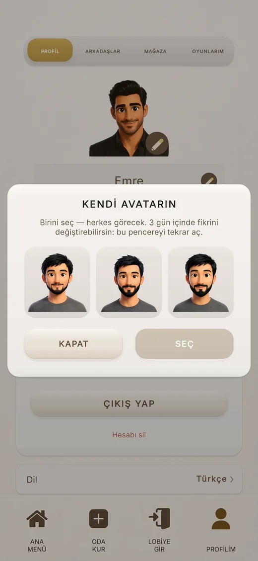 “Kendi avatarın” penceresi: seçmek için üç çizilmiş seçenek