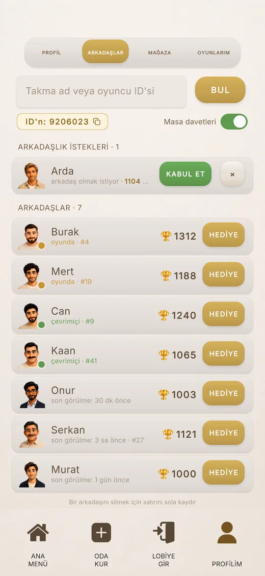 “Arkadaşlar” sekmesi: takma ad veya ID ile arama, istekler ve arkadaş listesi